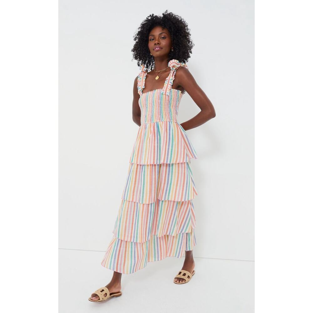 Pink City Prints Tuckernuck Rainbow Stripe Zazie Smocked Maxi Midi Tiered Dress